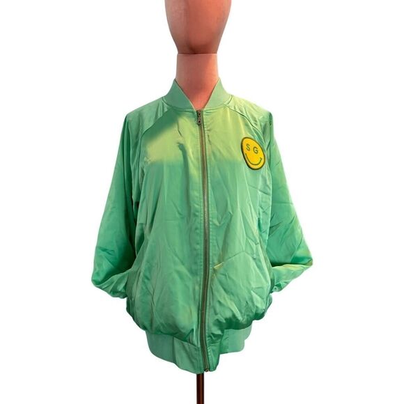 NWOT Spiritual Gangster Happy Face Satin Jacket Lined Pockets Vintage Style S - Picture 1 of 7